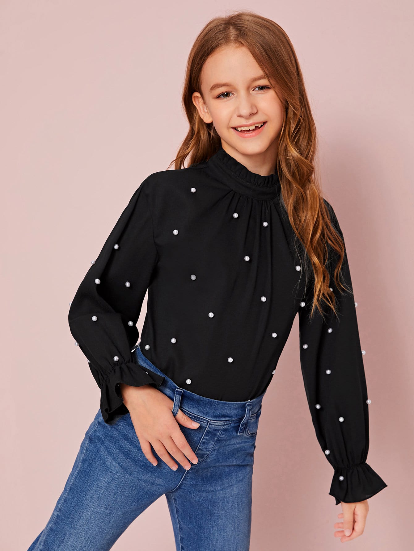 Camisa de niñas con perlas de puño fruncido de cuello alto Blusa fruncido de cuello y puño fruncido sencilla | Mode de