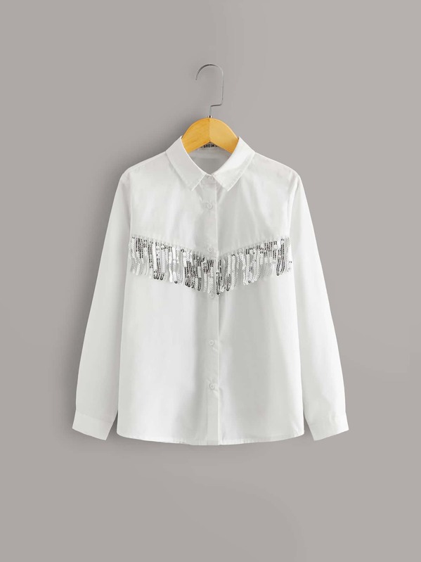 

Girls Contrast Sequin Button Front Shirt, White