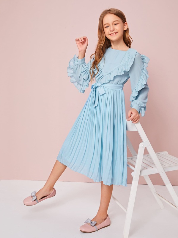 

Girls Self Belted Ruffle Trim Pleated Dress, Blue, Sashab