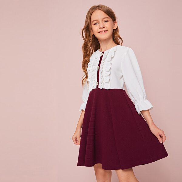 

Girls Ruffle Detail Combo Flare Dress, Multicolor