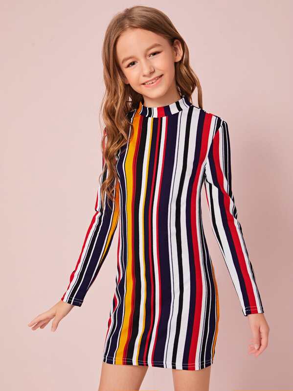 

Girls Mock Neck Colorful Striped Dress, Multicolor, Sashab