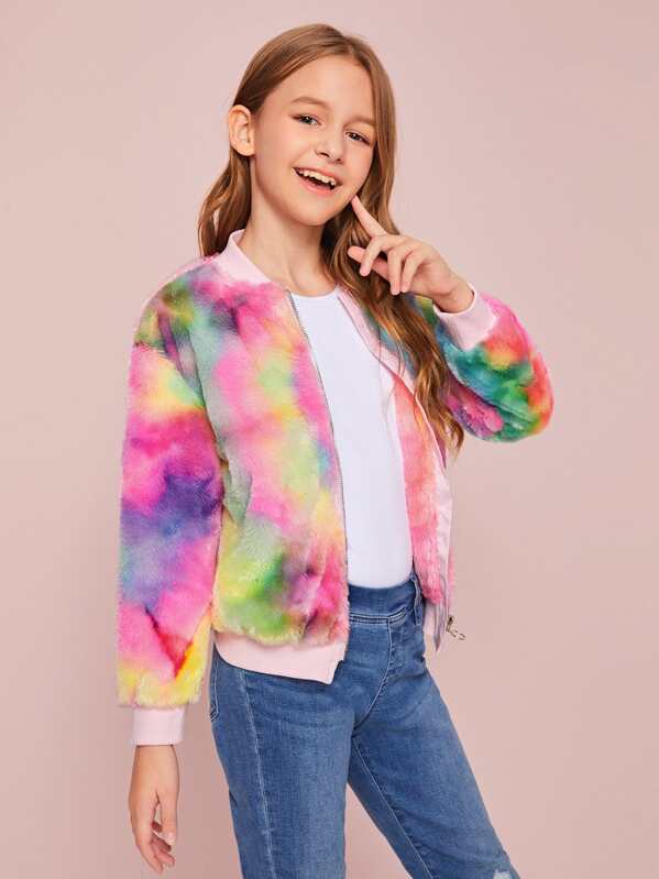 

Girls Tie Dye Zipper Up Faux Fur Bomber Jacket, Multicolor, Sashab