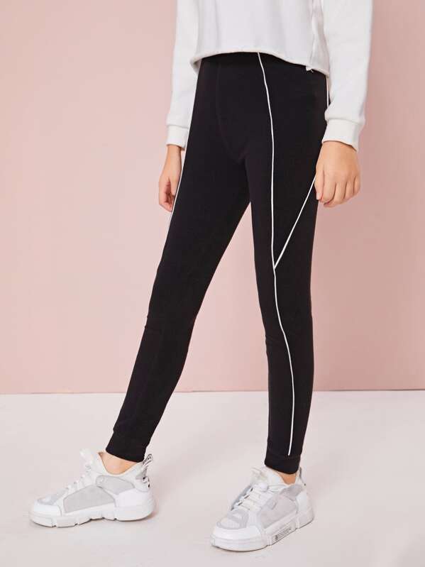 

Girls Elastic Waist Contrast Binding Leggings, Black, Sashab