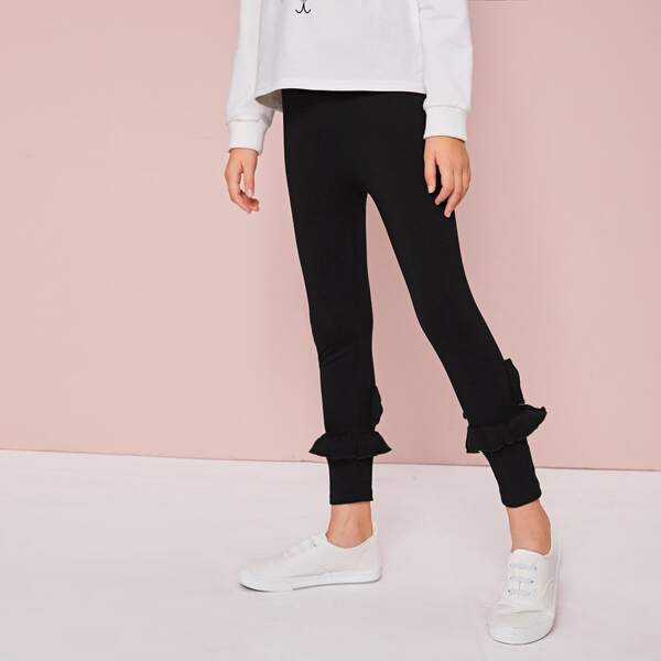 

Girls Ruffle Trim Bow Detail Leggings, Black