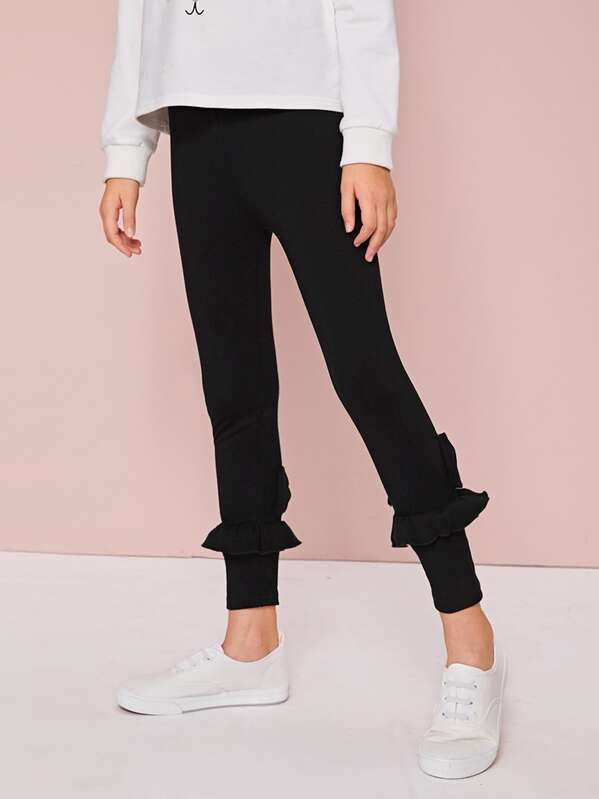 

Girls Ruffle Trim Bow Detail Leggings, Black, Sashab