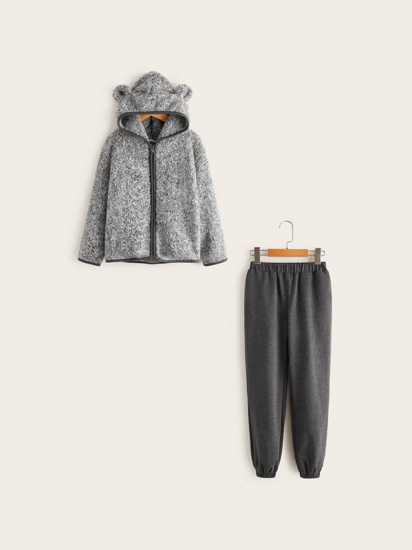 

Girls Binding Trim Teddy Ear Jacket and Sweatpants Set, Grey