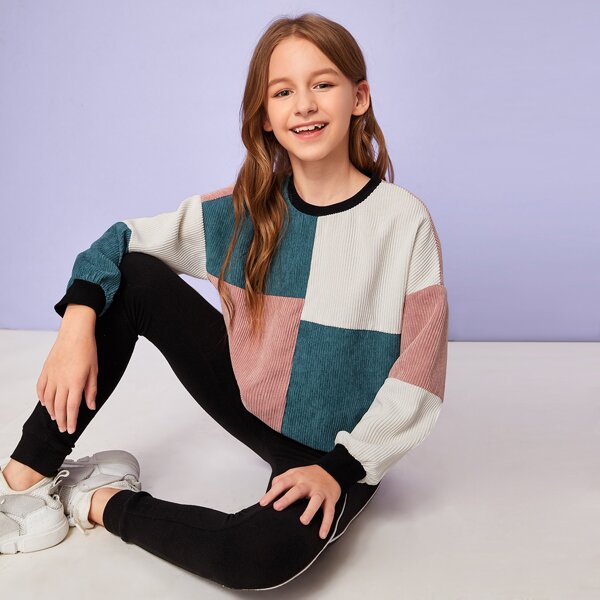 

Girls Drop Shoulder Colorblock Cord Pullover, Multicolor