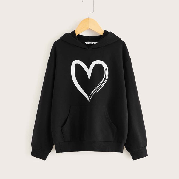 

Girls Heart Print Pocket Front Hoodie, Black