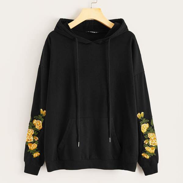 

Embroidered Floral Applique Pocket Front Drawstring Hoodie, Black