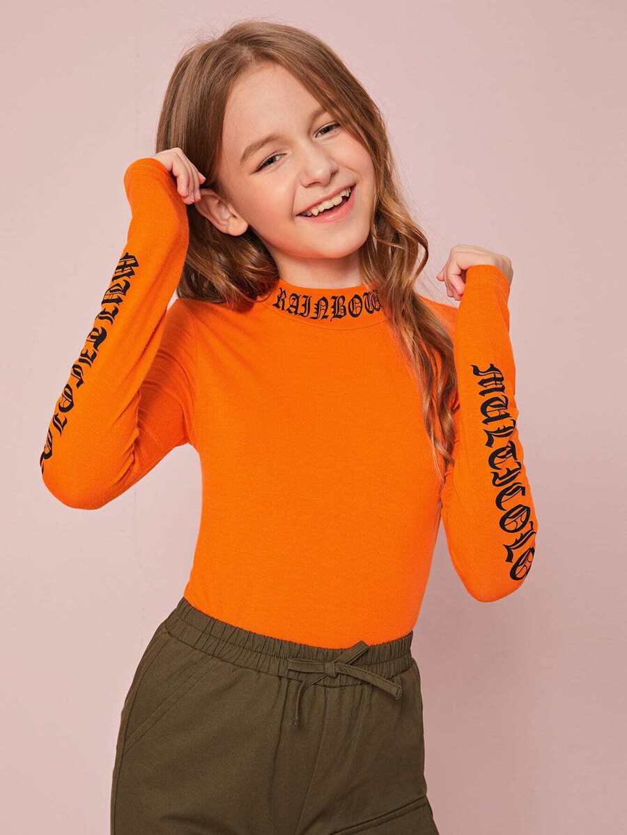 SHEIN Girls Neon Orange Letter Graphic Tee - Orange - View 1