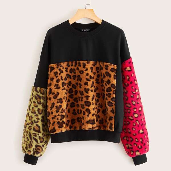 

Drop Shoulder Contrast Leopard Print Faux Fur Pullover, Multicolor