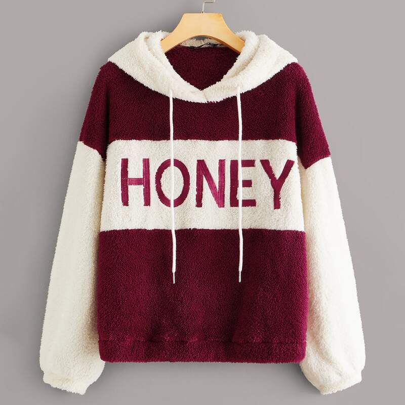 

Embroidered Letter Two Tone Teddy Hoodie, Multicolor