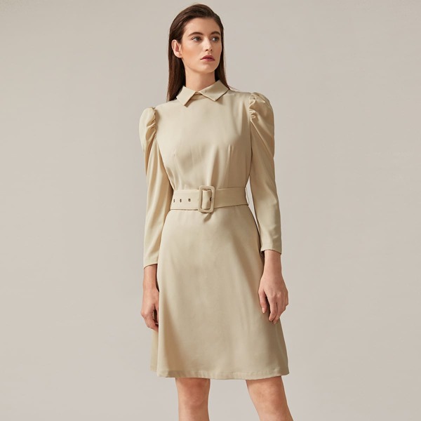 Premium Zipper Back Gigot Sleeve Belted Dress, Beige