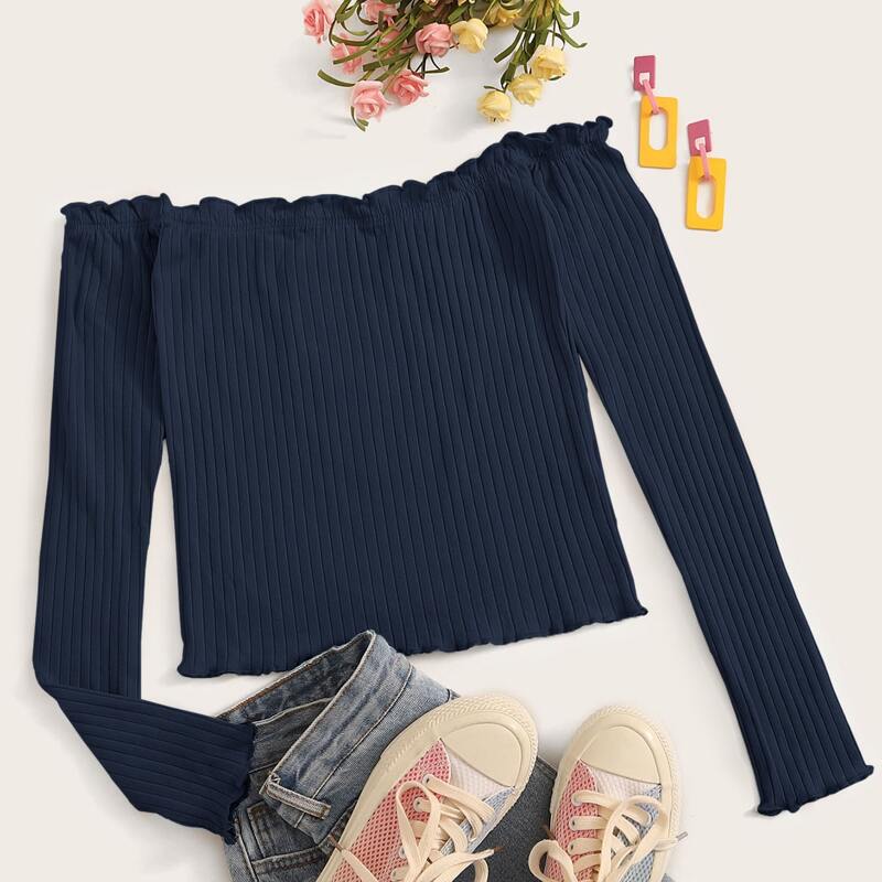 

Frill Trim Rib-knit Bardot Tee, Navy