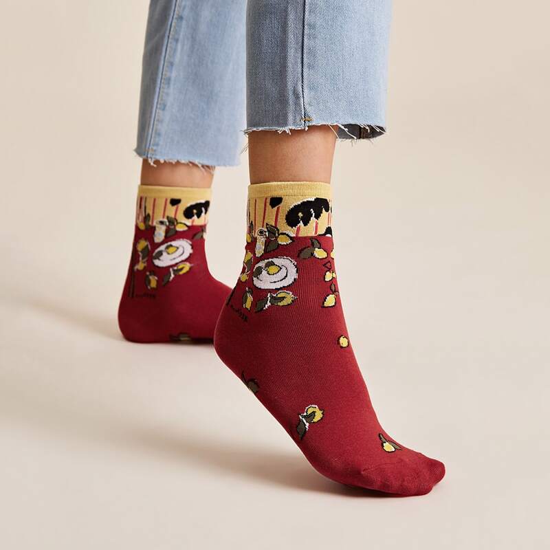 

1pair Fruit Pattern Socks, Burgundy