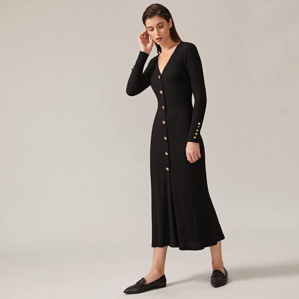 

Premium Solid Button Front Long Dress, Black