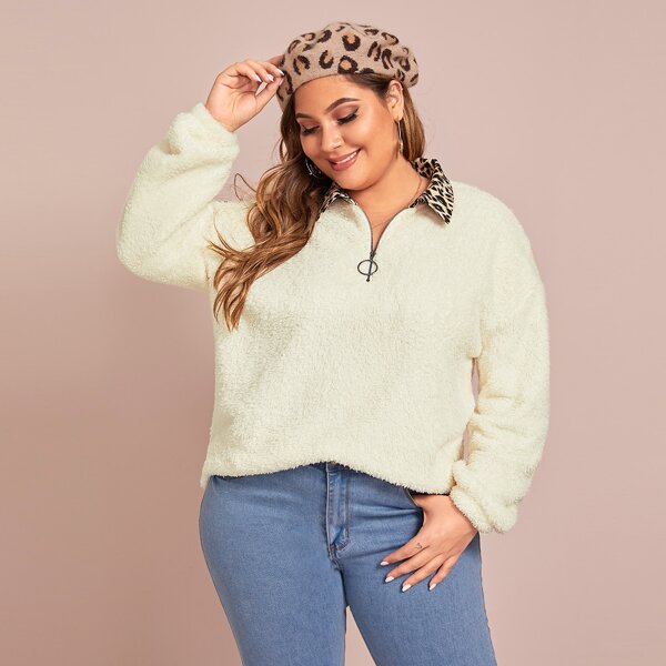

Plus Leopard Collar O-ring Zip Half Placket Teddy Sweatshirt, Beige