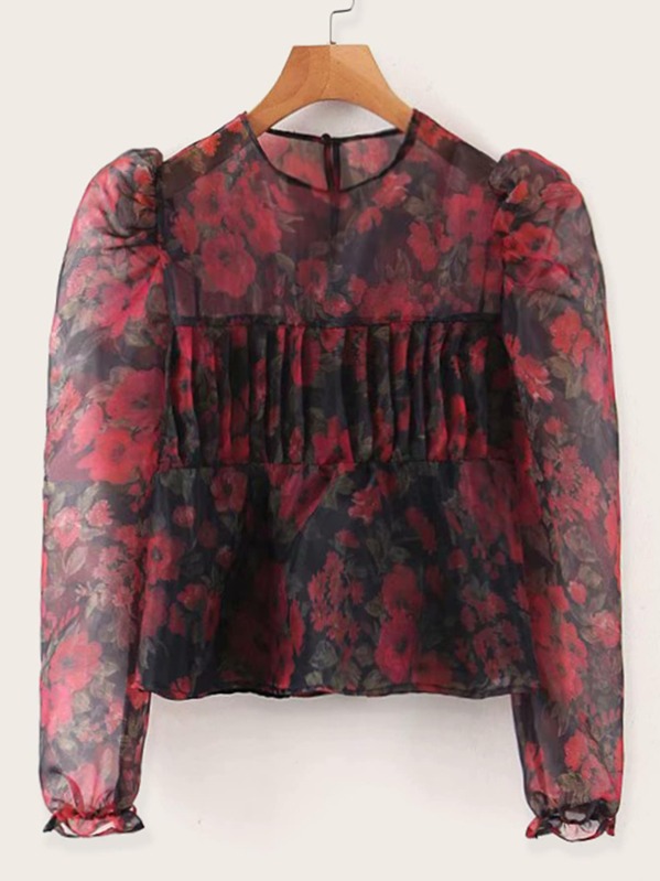 

Floral Print Puff Sleeve Organza Sheer Blouse, Multicolor