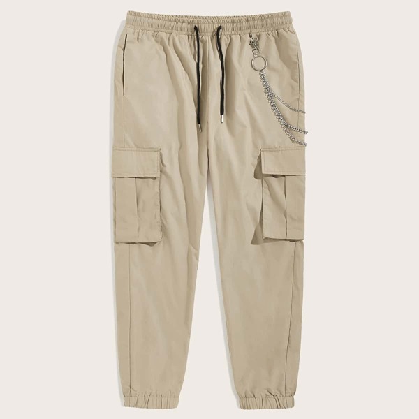 

Men Flap Pocket Side Chain Detail Cargo Pants, Khaki