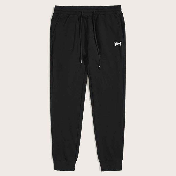 

Men Drawstring Waist Letter Print Sweatpants, Black