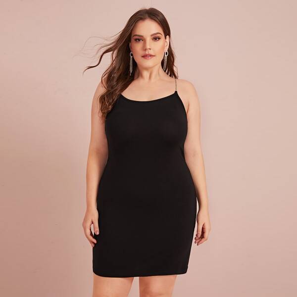 

Plus Chain Strap Form Fitted Dress, Black