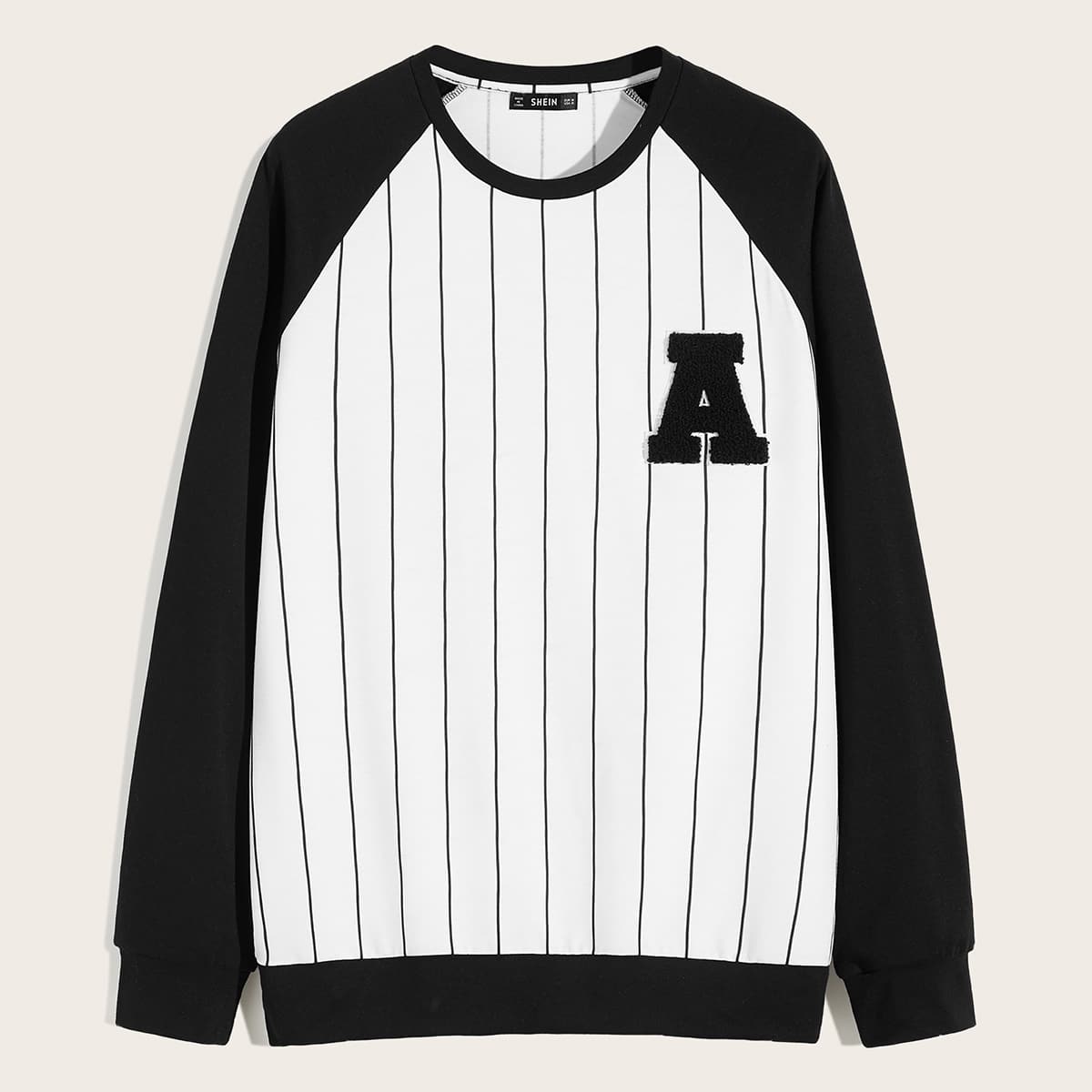 

Guys Patched Front Raglan Sleeve Striped Baseball Pullover, Black and white