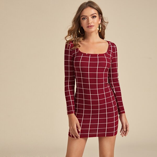 

Scoop Neck Grid Bodycon Dress, Burgundy