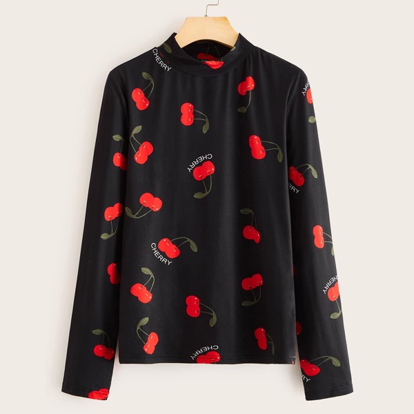 

Cherry Print Form Fitted Tee, Black