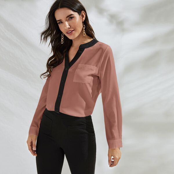 

Contrast Trim Pocket Patch Blouse, Dusty pink