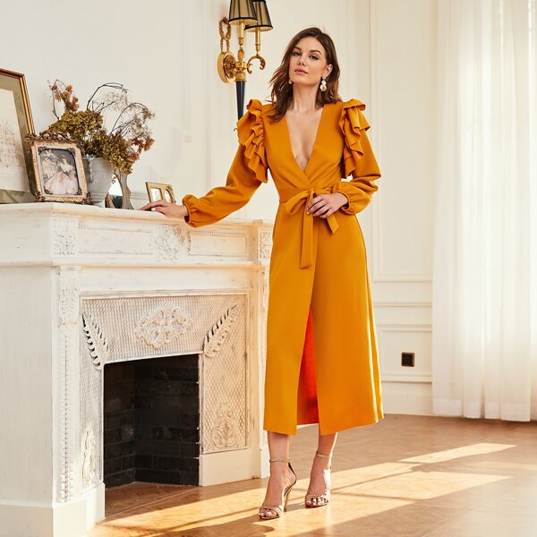 

Layered Ruffle Trim Belted Abaya, Yellow bright