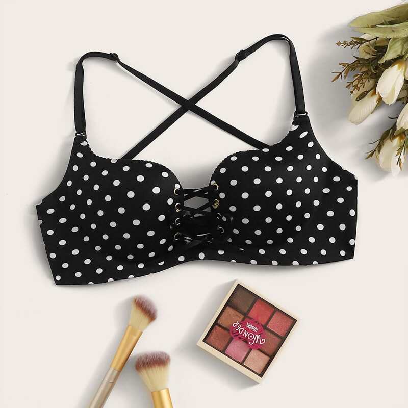 

Polka Dot Criss Cross U Plunging Bra, Black