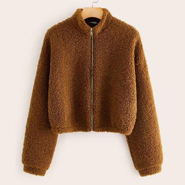 

Drop Shoulder Zipper Up Teddy Jacket, Brown