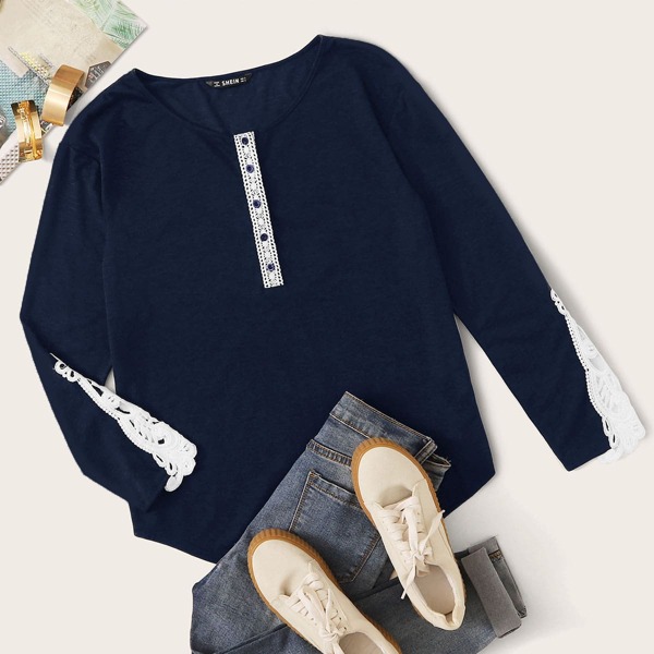 

Button Front Guipure Lace Detail Top, Navy