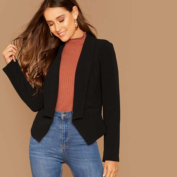 

Shawl Collar Asymmetrical Hem Tailored Blazer, Black