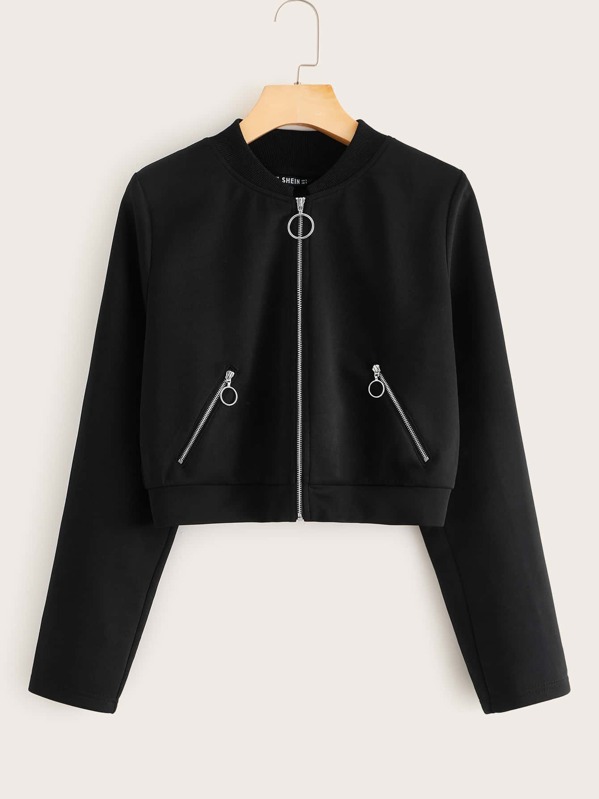 

O-ring Zipper Detail Bomber Jacket, Black
