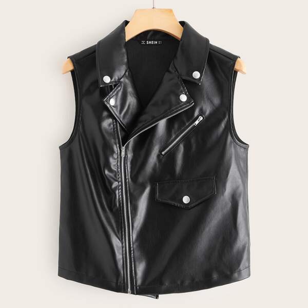 

Flap Detail Sleeveless PU Biker Jacket, Black