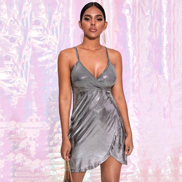 

Zip Back Wrap Hem Metallic Cami Dress, Grey