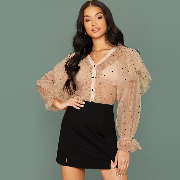 

Ruffle Trim Dot Mesh Blouse Without Bra, Khaki