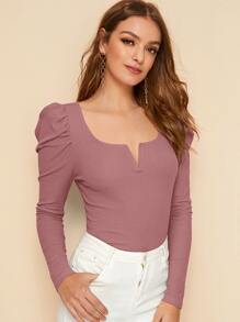 SHEIN Clasi Camiseta tejida de canalé de manga gigot de cuello V - Rosa vieja - Ver 3