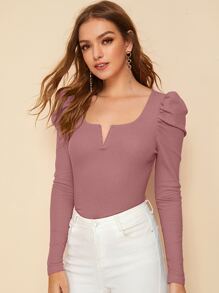 SHEIN Clasi Camiseta tejida de canalé de manga gigot de cuello V - Rosa vieja - Ver 4