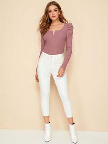 SHEIN Clasi Camiseta tejida de canalé de manga gigot de cuello V - Rosa vieja - Ver 5