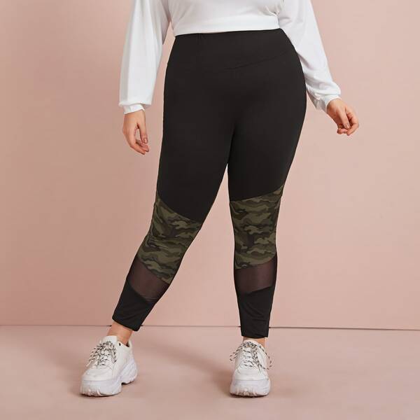 

Plus Mesh Insert Camo Print Leggings, Black