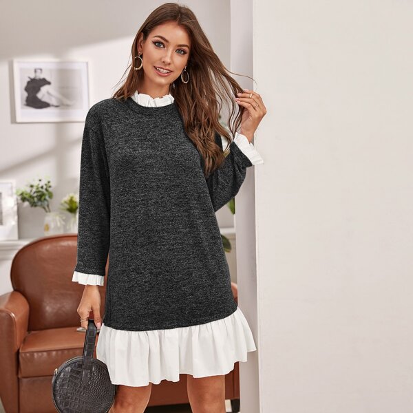 

Ruffle Hem Marled Knit 2 In 1 Dress, Grey