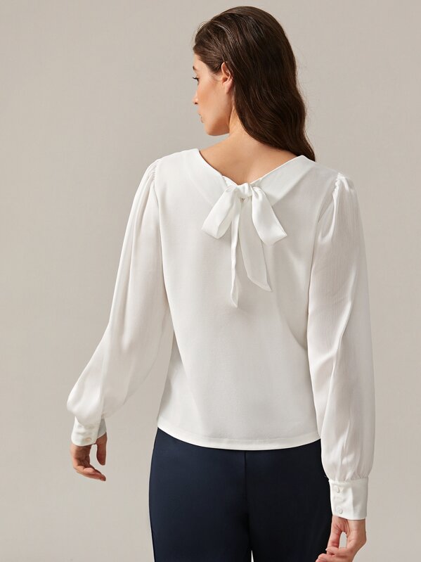 

Solid Knot Back Button Detail Blouse, White, Mila