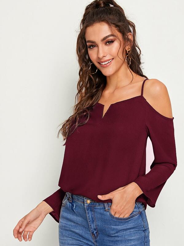 

Notch Neck Cold Shoulder Solid Top, Burgundy, Carol A