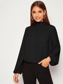 SHEIN Privé 後繫帶插肩燈籠袖弧形下擺上衣 - 黑色 - 查看 2