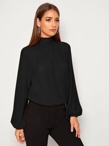 SHEIN Privé 後繫帶插肩燈籠袖弧形下擺上衣 - 黑色 - 查看 5