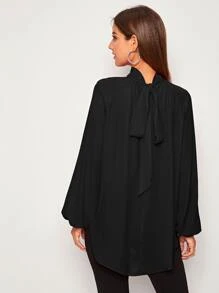 SHEIN Privé 後繫帶插肩燈籠袖弧形下擺上衣 - 黑色 - 查看 1