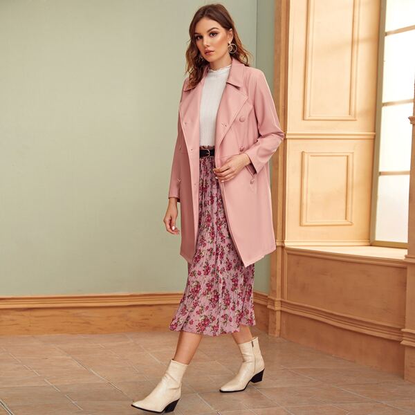 

Double Button Notched Neck Trench Coat, Pink pastel