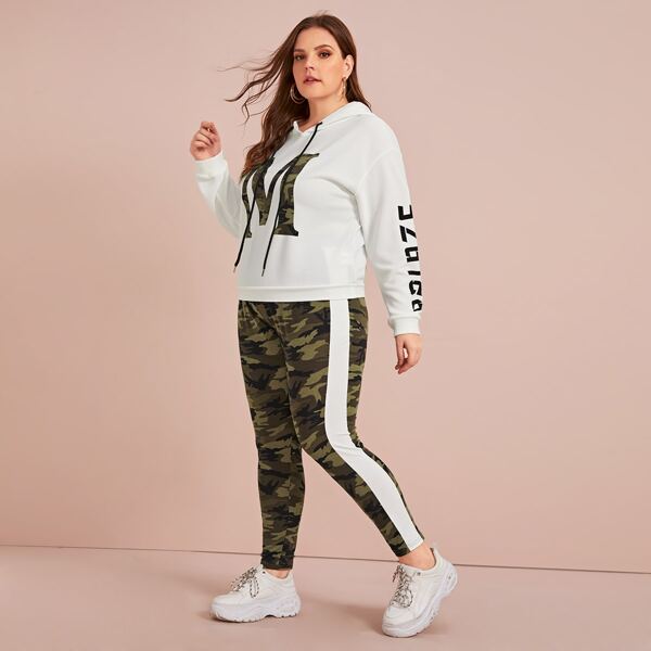

Plus Letter Graphic Hoodie & Contrast Side Seam Camo Leggings Set, Multicolor